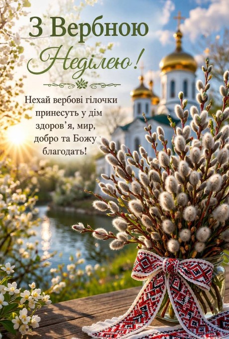 Листівка З Вербною неділею, красиве привітання з вербою