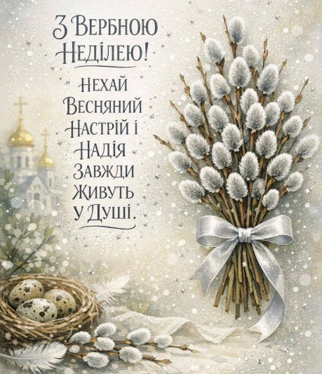 Листівка з Вербною неділею: ніжний букет верби та побажання