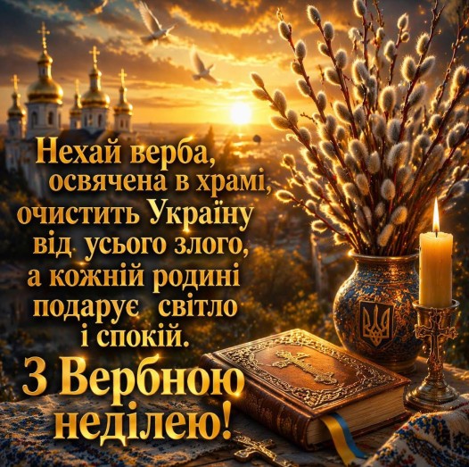 Листівка з Вербною неділею, привітання з вербою та молитвою