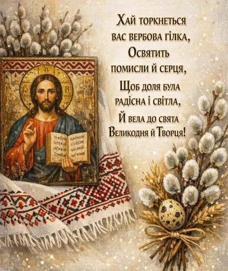 Вітальна листівка з Вербною неділею: ікона та вербові гілки