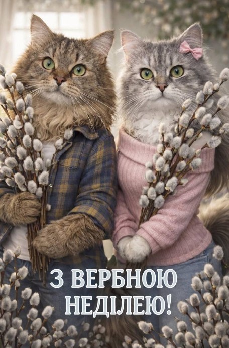 Два милі котики в одязі тримають гілочки верби на фоні напису З Вербною неділею
