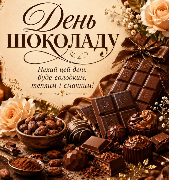 Вітальна листівка на День шоколаду з плитки шоколаду, какао-бобів та ніжних троянд
