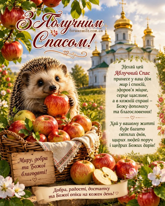Милий їжачок з яблуком біля кошика з плодами на фоні храму та саду, вітальна листівка на свято Яблучний Спас
