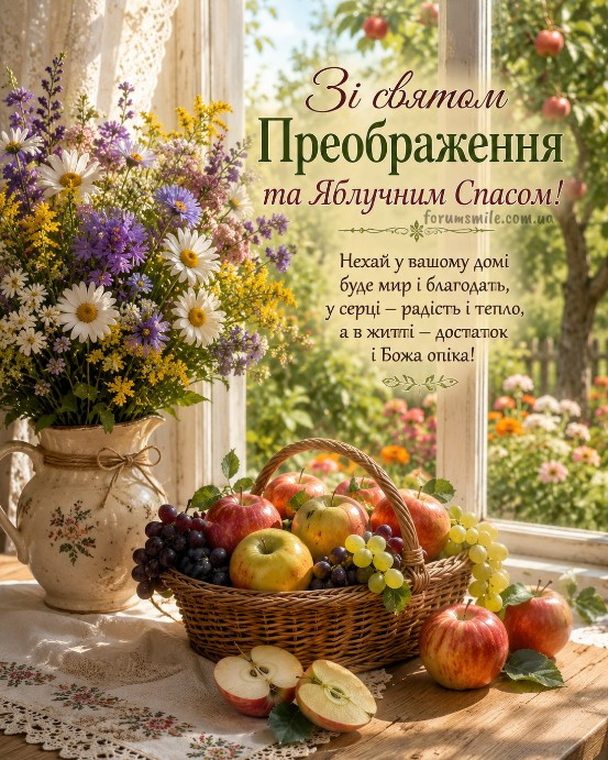 Кошик з яблуками та ваза з квітами на вікні до свята Яблучного Спаса