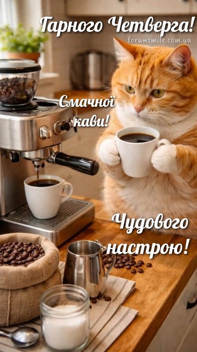  Листівка Гарного четверга, з рудим котом та кавою.