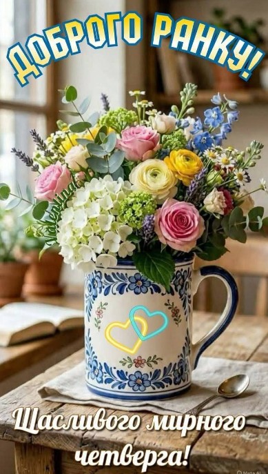 Листівка Доброго ранку та мирного четверга з квітами
