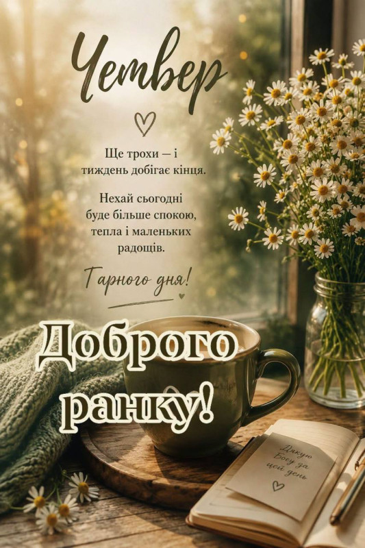 Листівка з добрим ранком у четвер: затишні квіти та кава