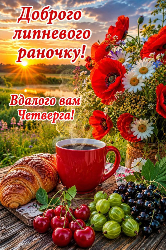 Ранкова листівка з чашкою кави, круасаном, вишнями, аґрусом та букетом маків і ромашок на фоні світанку.