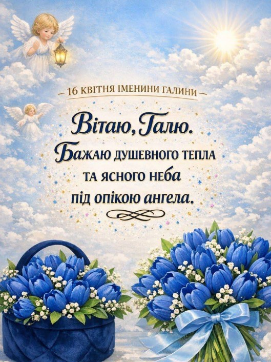 Вітальна листівка з днем ангела Галини, на якій зображені два ангели та букети синіх тюльпанів у кошику.