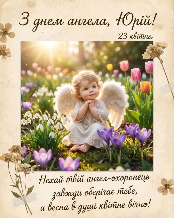 Маленький янгол з крилами сидить серед весняних квітів, напис З днем ангела Юрій, 23 квітня