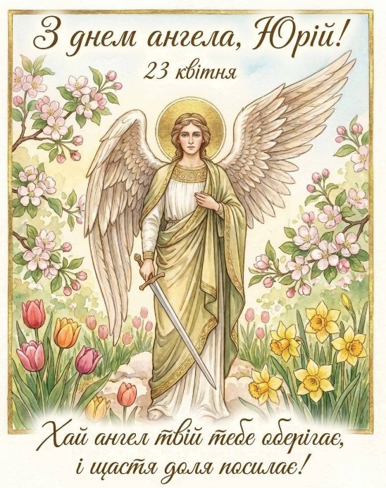 Святкова листівка з Днем ангела Юрія з зображенням ангела з мечем на фоні квітучого саду та весняних квітів