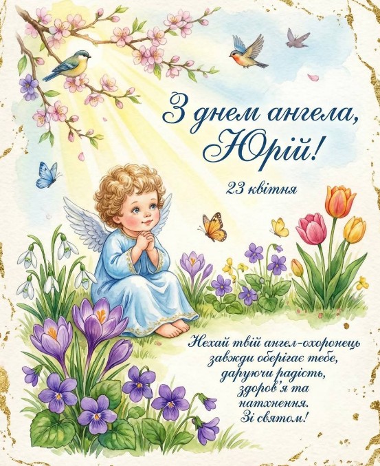 Вітальна листівка на День ангела Юрія з милим ангелом, весняними квітами