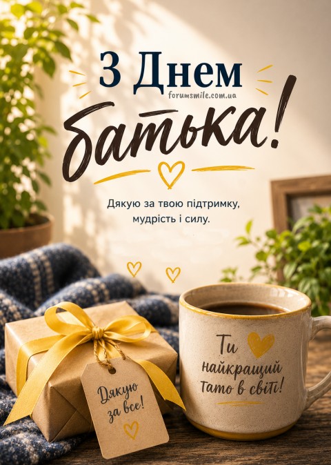Святкова листівка на День батька з подарунком, чашкою кави та написом Ти найкращий тато в світі!