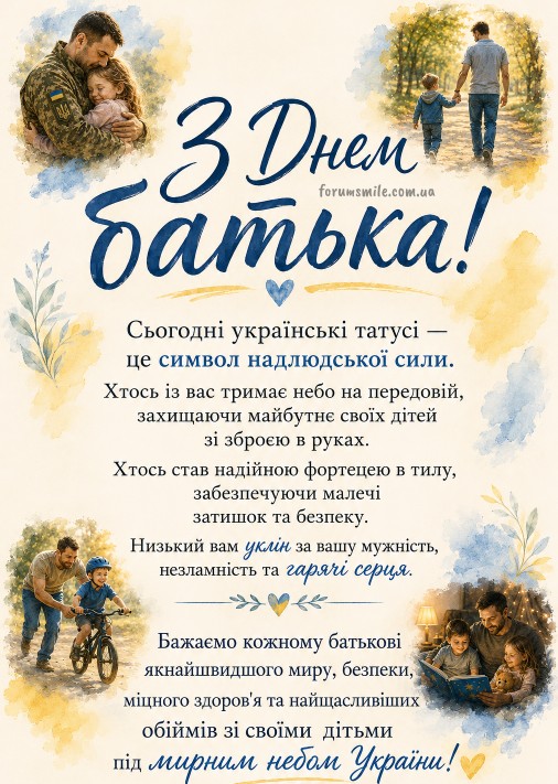 Вітальна листівка до Дня батька з фотографіями військового та батьків з дітьми