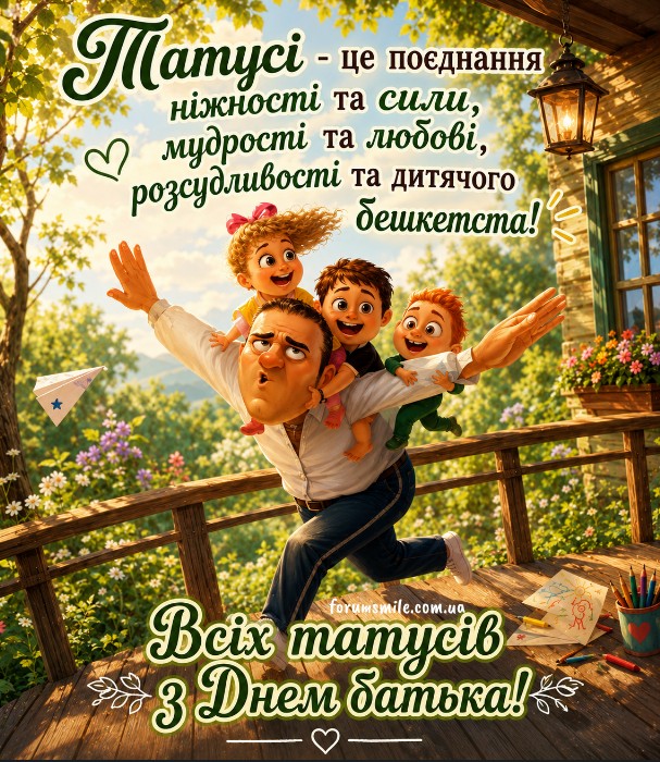 Щасливий тато грається з трьома дітьми на терасі, вітальна листівка до Дня батька