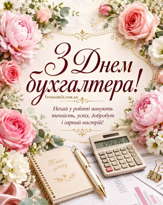 Листівка з Днем бухгалтера: квіти та калькулятор