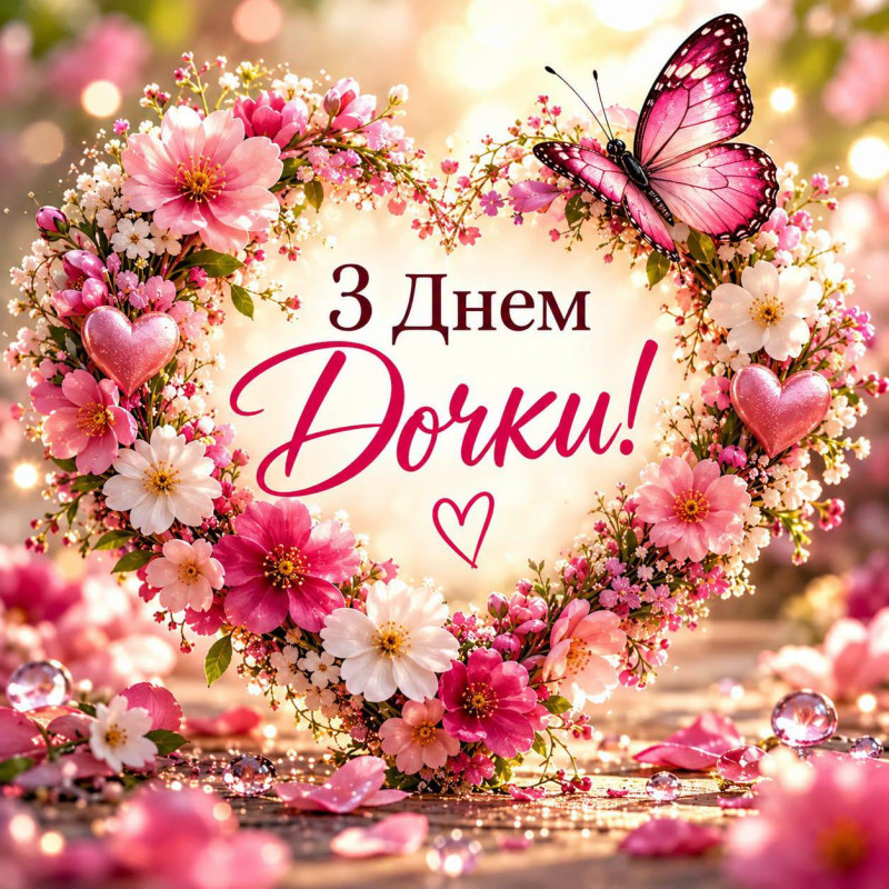 Листівка на День доньки з квітами у формі серця та рожевим метеликом