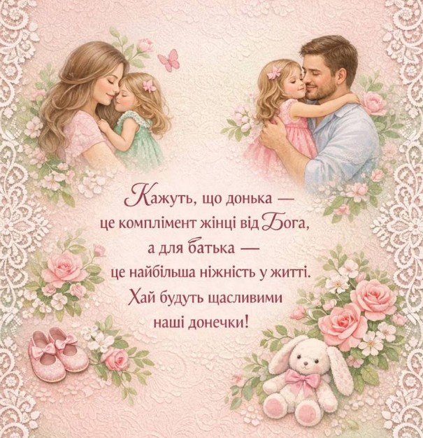 Листівка з днем доньки: зворушливе привітання з квітами
