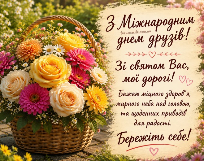 Плетений кошик з яскравими трояндами та герберами на фоні привітання до Міжнародного дня друзів
