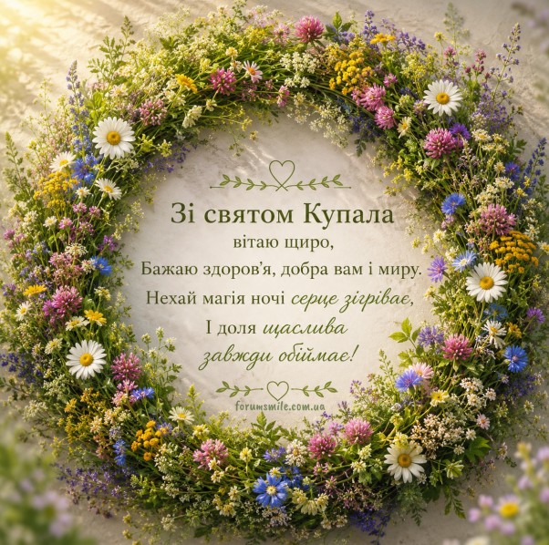 Святкова листівка на свято Купала з віночком з польових квітів, ромашок та конюшини на світлому фоні з привітанням