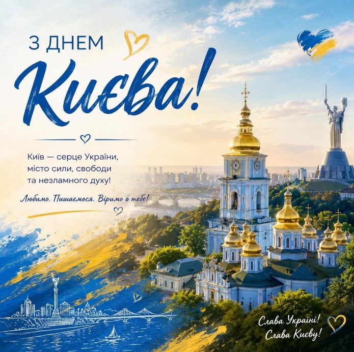 Вітальна листівка З Днем Києва — патріотична листівка з Михайлівським собором