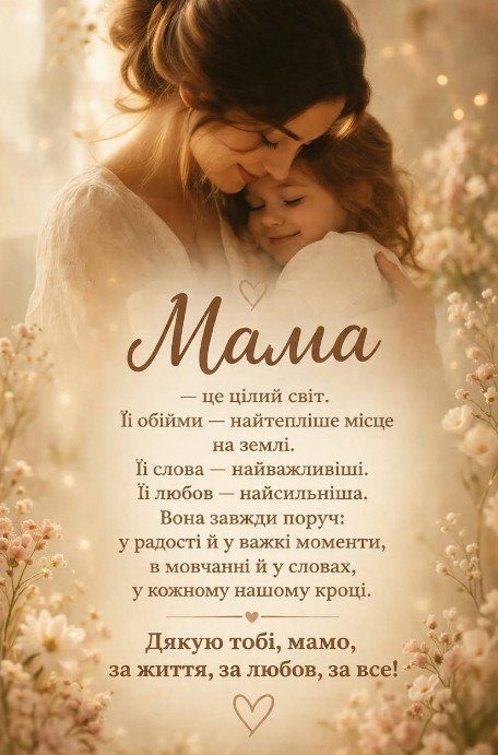 Ніжна листівка з написом про маму, зображенням мами, що обіймає дитину, та квітами