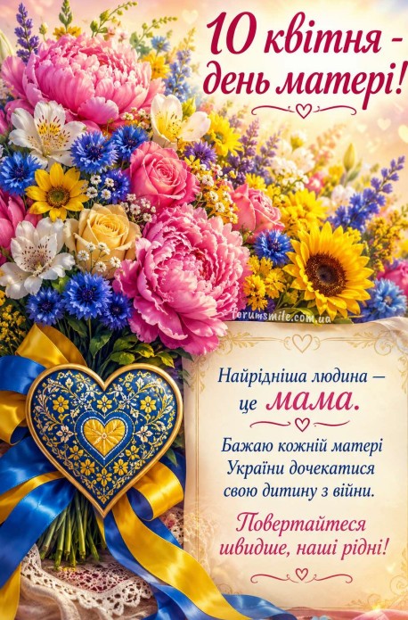 Листівка до Дня матері з квітами та побажаннями повернення дітей з війни. 