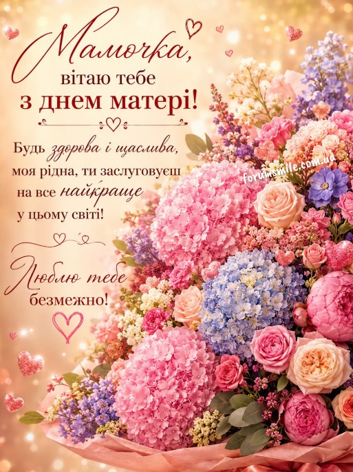 Святкова листівка з Днем матері з великим букетом рожевих та блакитних квітів, гортензій та троянд