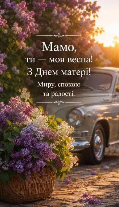 Листівка до Дня матері з бузком та ретро-автомобілем