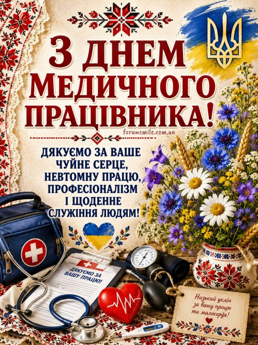 Вітальна листівка до Дня медичного працівника з українською символікою, медичною сумкою, стетоскопом та букетом польових квітів