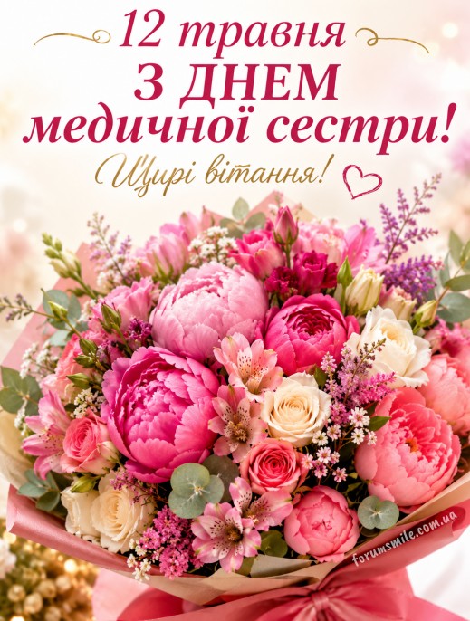 Святкова листівка з Днем медичної сестри з великим букетом рожевих півоній та троянд