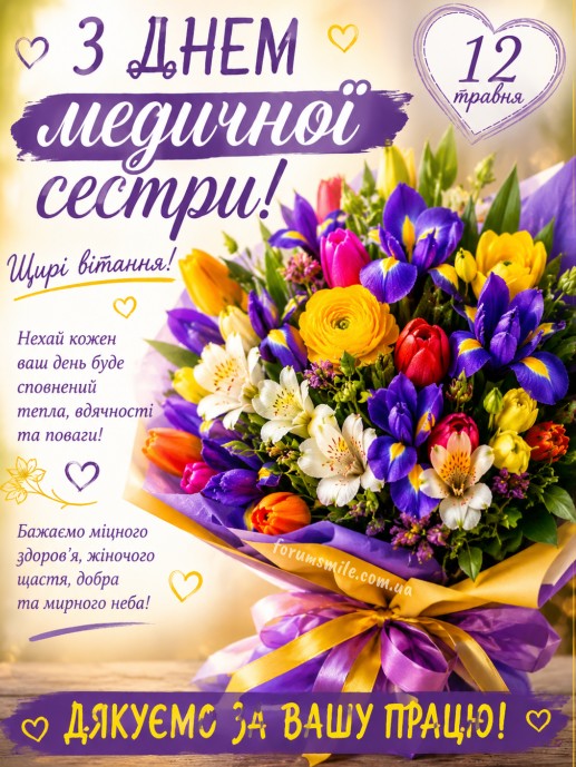 Святкова листівка до Дня медичної сестри з яскравим букетом квітів та вітальним написом українською мовою.