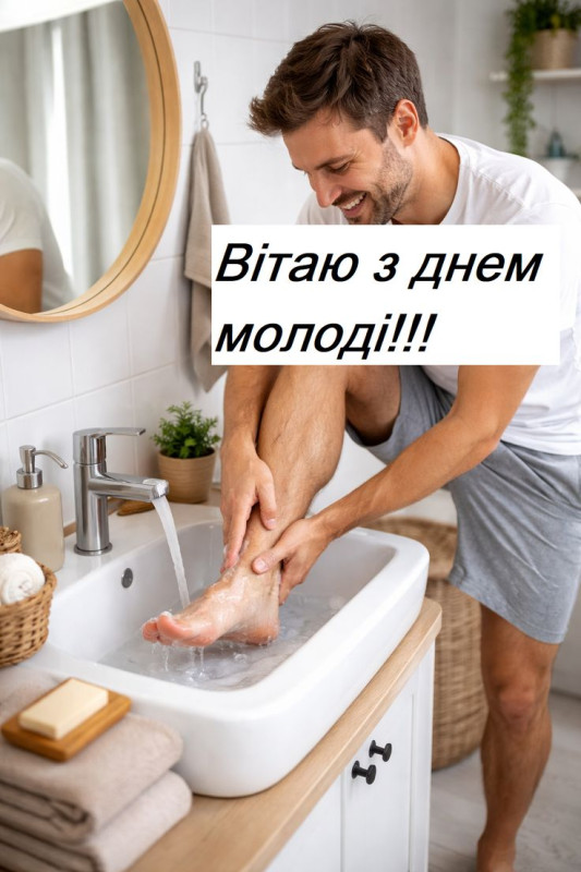 Чоловік миє ноги у ванній кімнаті з написом Вітаю з днем молоді, святкова листівка