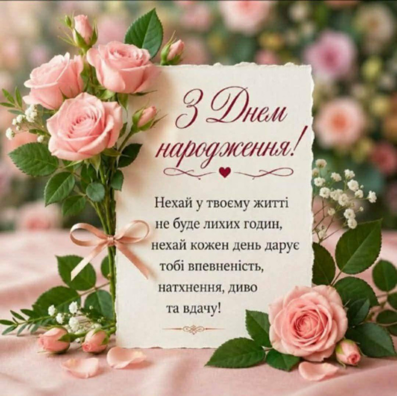 Вітальна листівка з днем народження з ніжними трояндами