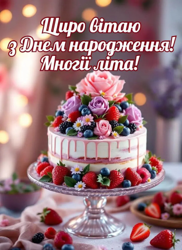 Вітальна листівка з Днем народження та тортом з ягодами
