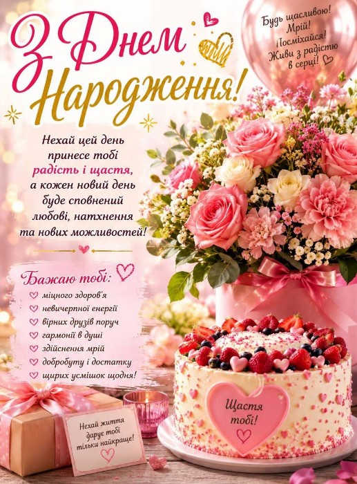 Вітальна листівка з Днем народження та щирими побажаннями. 