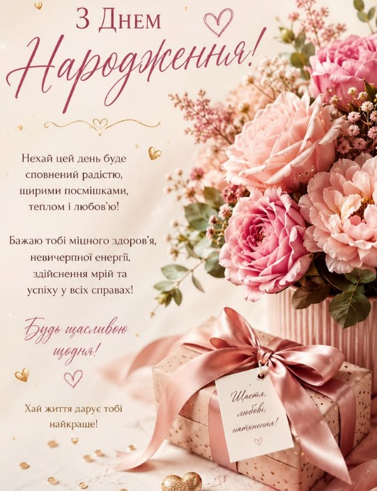 Листівка з Днем народження, привітання для жінки, подруги чи колеги.