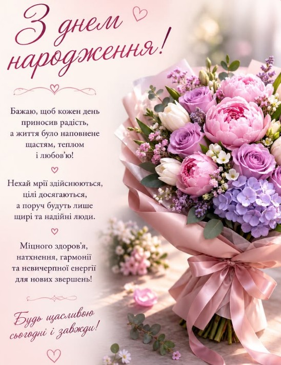 Вітальна листівка з днем народження з ніжним букетом квітів