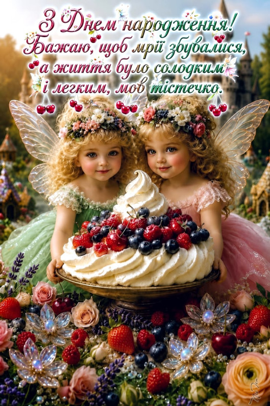 З Днем народженняз казковими феями та солодким тортом.