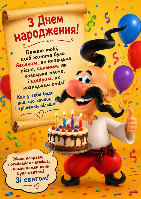 Листівка з Днем народження з веселим козаком та щирими побажаннями. 
