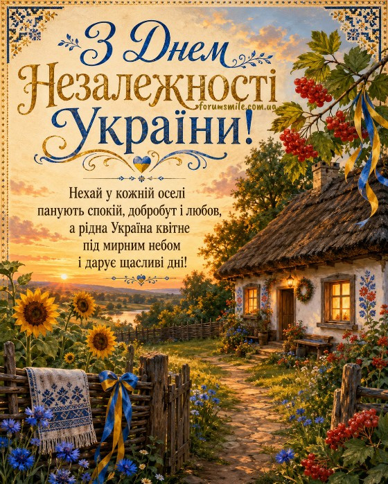 Листівка з Днем Незалежності України: гарний пейзаж з хатою