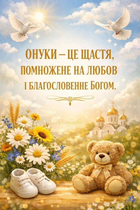 Листівка для онуків: зворушливе привітання з квітами та ведмедиком