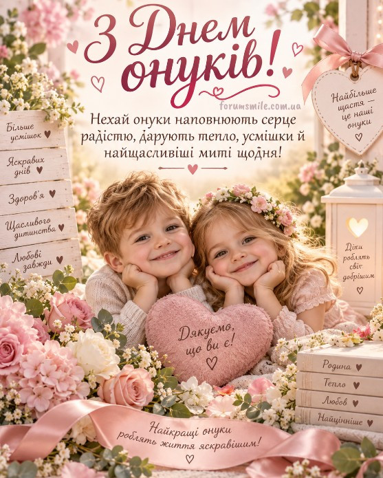 Листівка З Днем онуків: ніжне привітання з дітьми та квітами