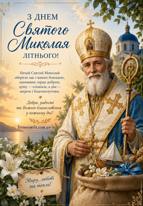 Листівка до Дня Святого Миколая Літнього із зображенням святого, церквою на фоні та квітами