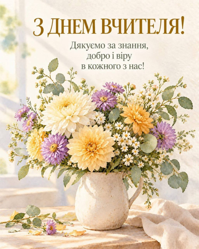 Листівка на День вчителя з букетом квітів у вазі
