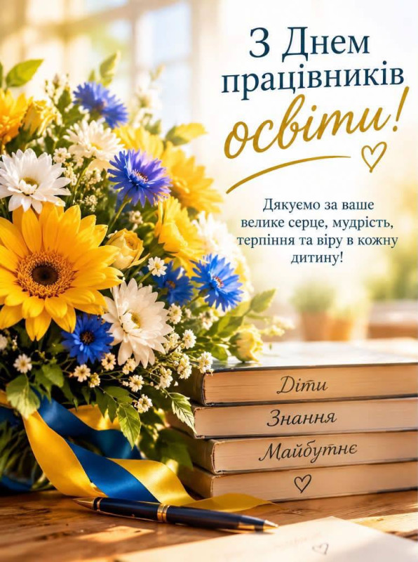 Листівка до Дня працівників освіти з квітами та книгами