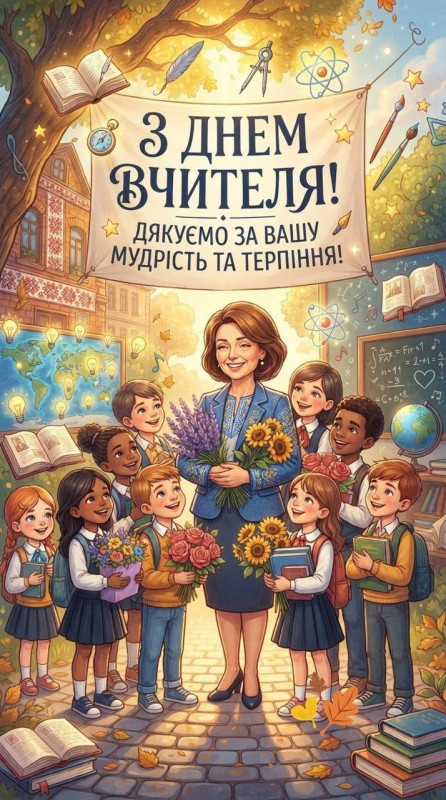 Листівка З Днем вчителя: вчителька з учнями та квітами