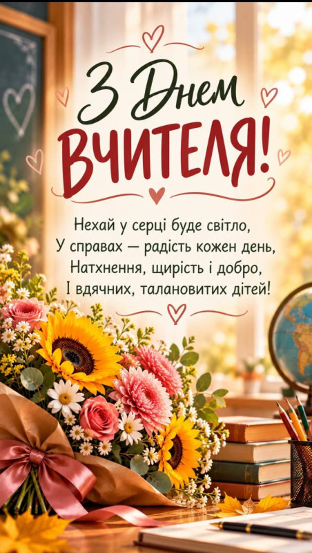 Листівка з Днем вчителя: красивий букет квітів та привітання