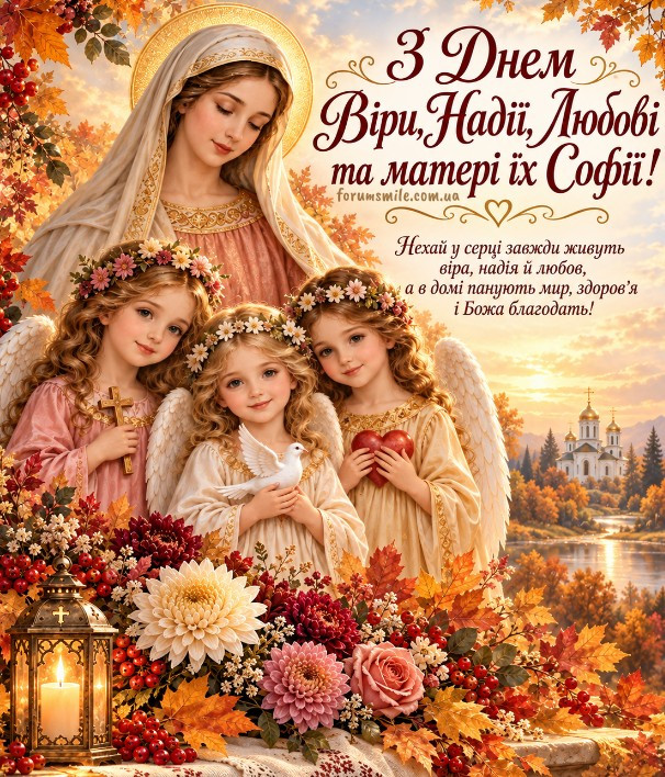 Святкова листівка до дня Віри, Надії, Любові з зображенням святих, ангелів, квітів та свічки
