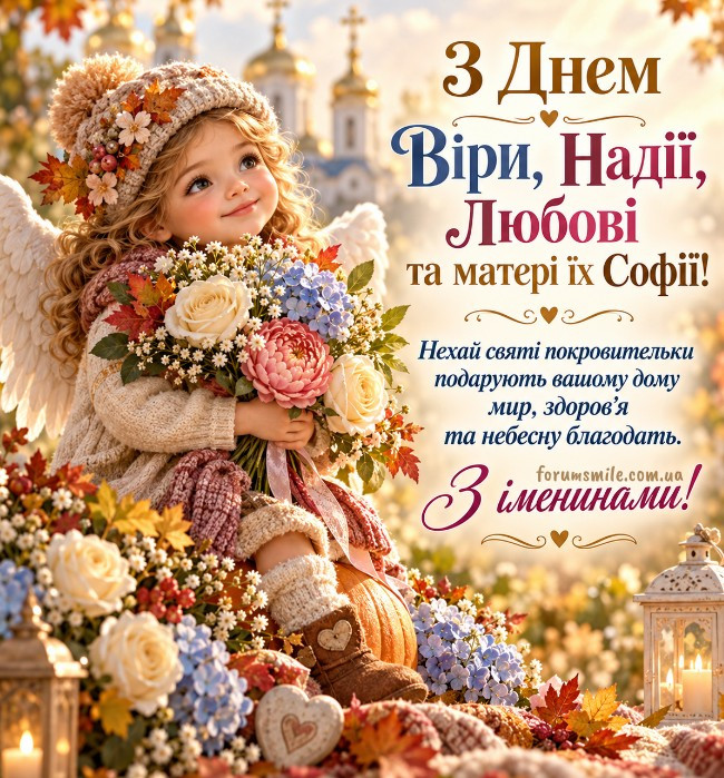 Маленьке ангелятко з букетом квітів на фоні осіннього пейзажу та храму, листівка до Дня Віри, Надії, Любові та Софії.